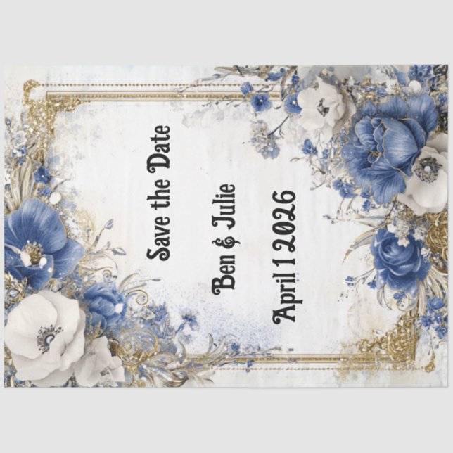 Papier Mousseline Découpage Enregistrer La Date Blue Floral Boarder (Recto)