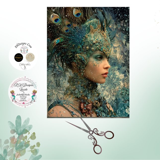 Papier Mousseline Decoupage Fantasy Peacock Woman Teals Feathers  (Créateur téléchargé)