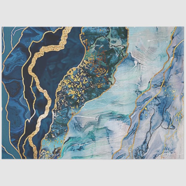 Papier Mousseline Découpage Faux Finish Marble Effet Blue Gold (Recto)