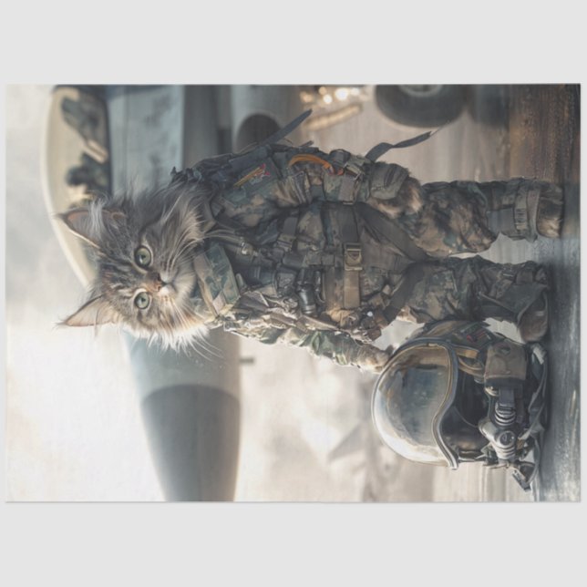 Papier Mousseline Découpage Feline Cat Air Force Pilot en Camouflage (Recto)