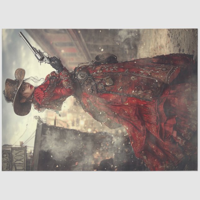 Papier Mousseline Découpage Femme Gunslinger Robe Ornementale Rouge (Recto)