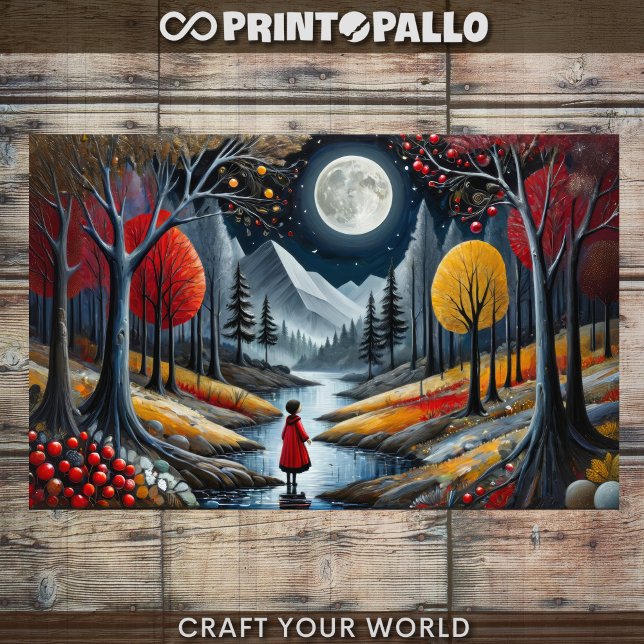 Papier Mousseline Découpage - Fille en rouge et paysage lune d'autom (Créateur téléchargé)