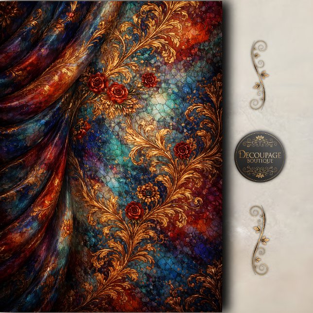 Papier Mousseline Découpage Fleur Baroque Doré à Fissures (Baroque Floral Gold Crackle Decoupage Tissue Paper
)