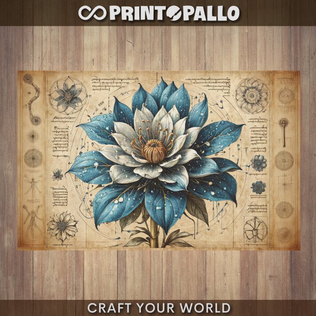 Papier Mousseline Decoupage - Fleur bleue sur parchemin -  (Créateur téléchargé)
