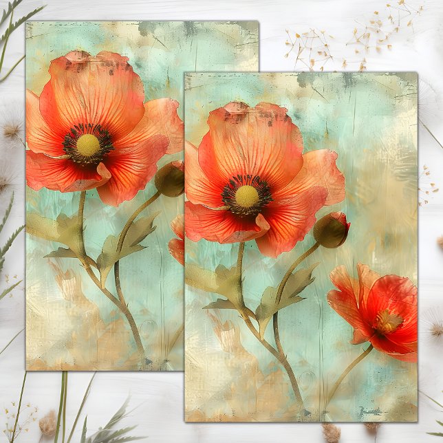 PAPIER MOUSSELINE DECOUPAGE FLEURI EN DETRESSE GRUNGE (GRUNGE DISTRESSED FLORAL DECOUPAGE TISSUE PAPER)