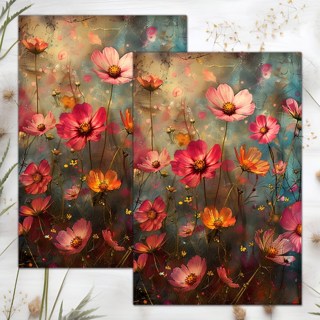 PAPIER MOUSSELINE DECOUPAGE FLEURI EN DETRESSE GRUNGE (GRUNGE DISTRESSED FLORAL DECOUPAGE TISSUE PAPER)