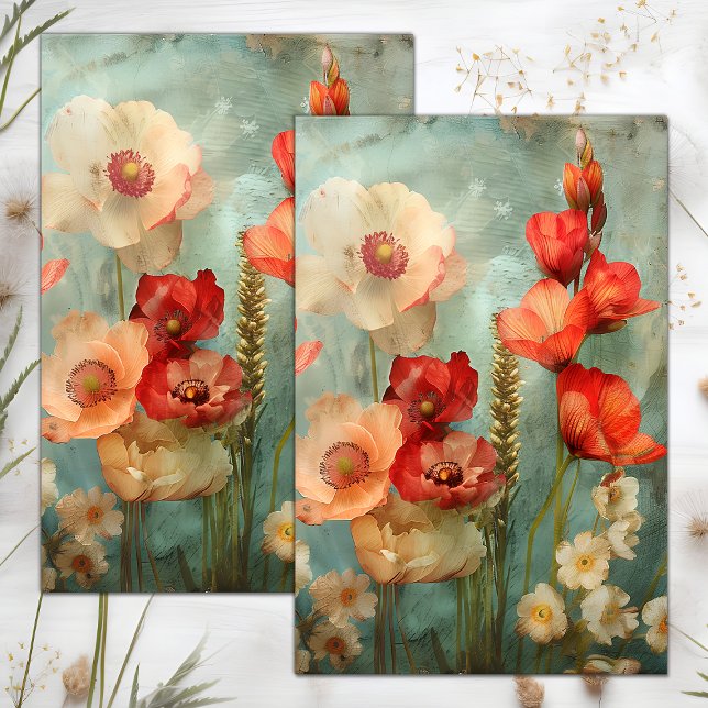 PAPIER MOUSSELINE DECOUPAGE FLEURI EN DETRESSE GRUNGE (GRUNGE DISTRESSED FLORAL DECOUPAGE TISSUE PAPER)
