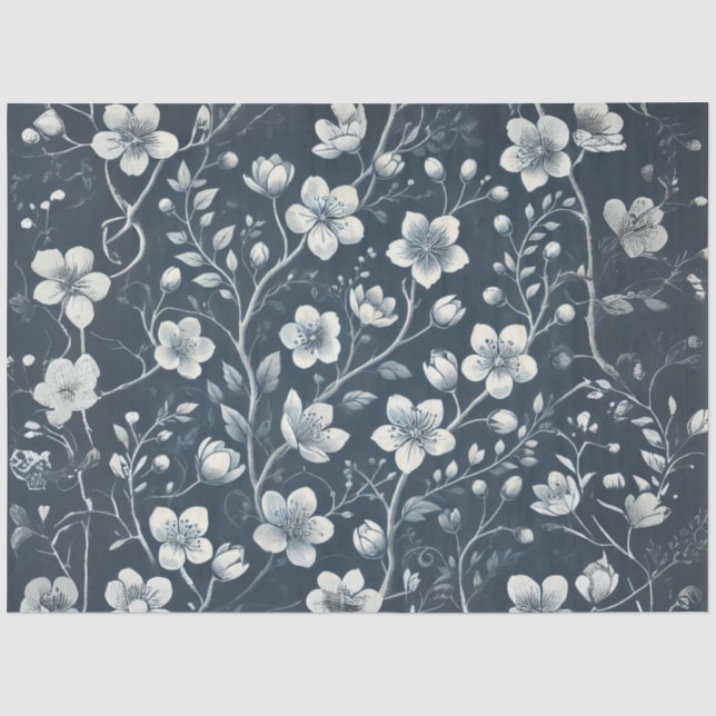 Papier Mousseline Découpage Fleurs Blanches sur Denim (Recto)