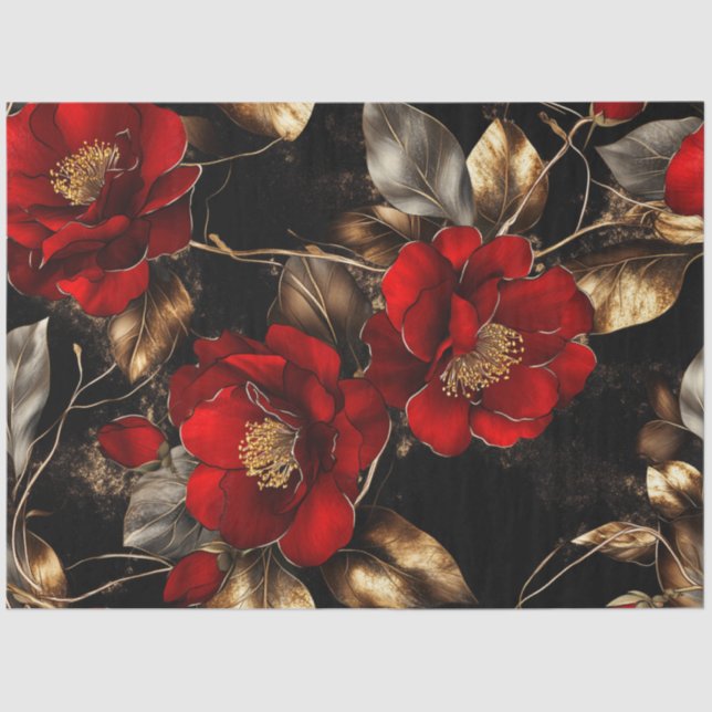 Papier Mousseline Découpage Fleurs Rouges Vibrantes Gold Silver Trim (Recto)