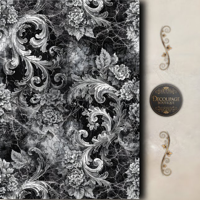 Papier Mousseline Découpage floral à rouleau argent noir (Black Silver Scroll Floral Decoupage Tissue Paper)