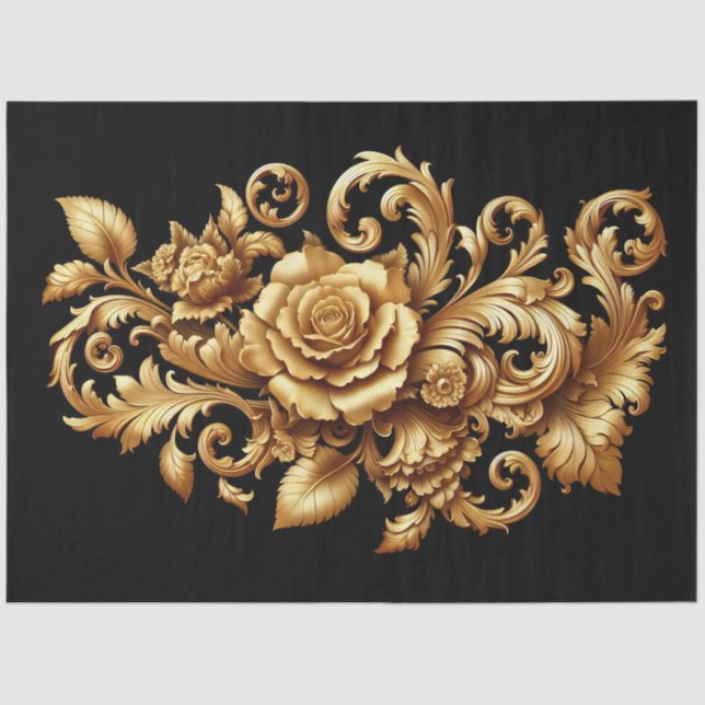 Papier Mousseline Découpage Floral Baroque Or Extra Grande (Recto)
