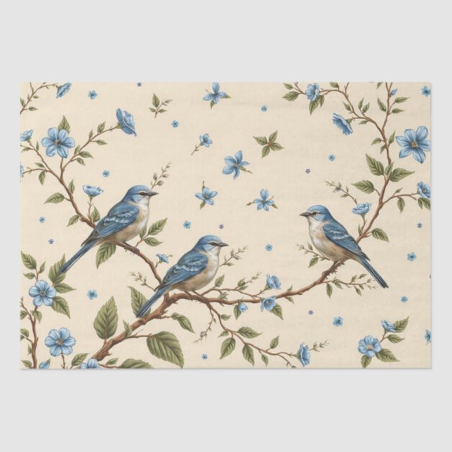 Papier Mousseline Découpage Floral Bleu et Design d'oiseaux (Recto)
