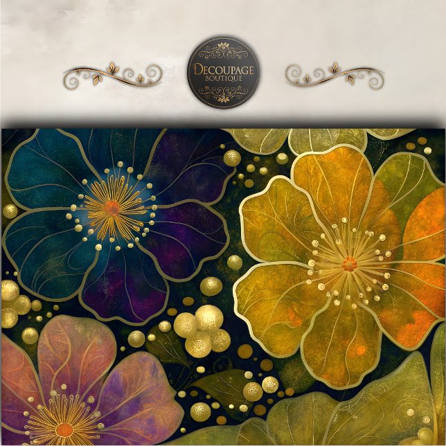 Papier Mousseline Découpage Floral Or Céleste (Celestial Gold Floral Decoupage Tissue Paper)