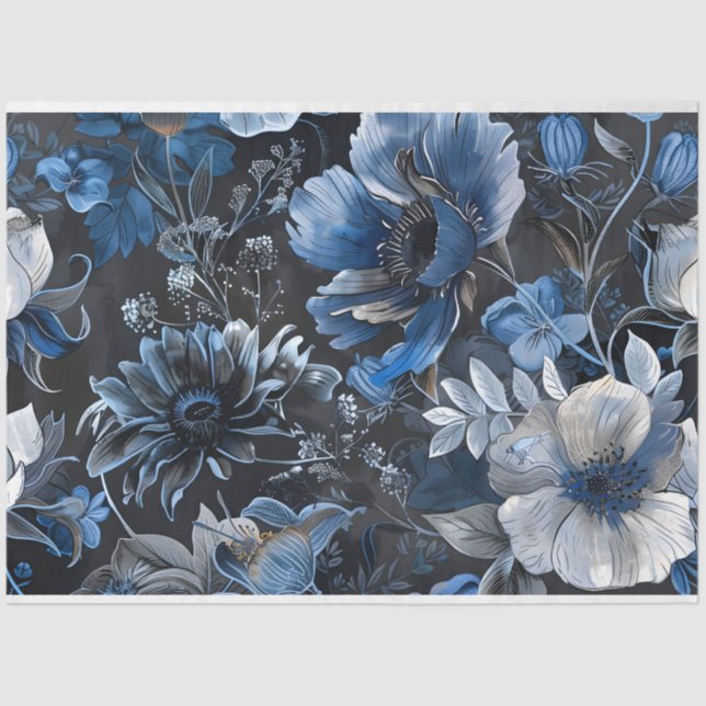Papier Mousseline Découpage Floral Vintage bleu blanc (Recto)