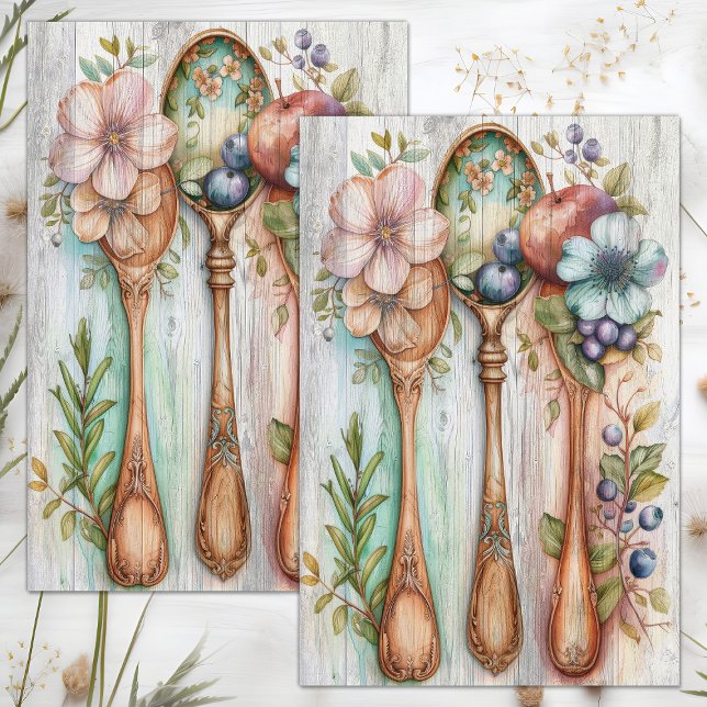 PAPIER MOUSSELINE DÉCOUPAGE FLORALE DES POUTRES EN BOIS (WOODEN SPOONS FLORAL DECOUPAGE TISSUE PAPER)