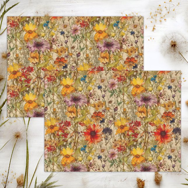 PAPIER MOUSSELINE DÉCOUPAGE FLORALE FLEUR SAUVAGE BOHO (BOHO WILDFLOWERS FLORAL DECOUPAGE TISSUE PAPER)