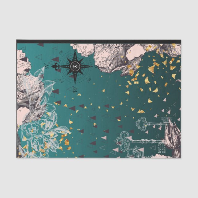 Papier Mousseline Découpage florale Ombré Turquoise foncé en papier  (Recto)