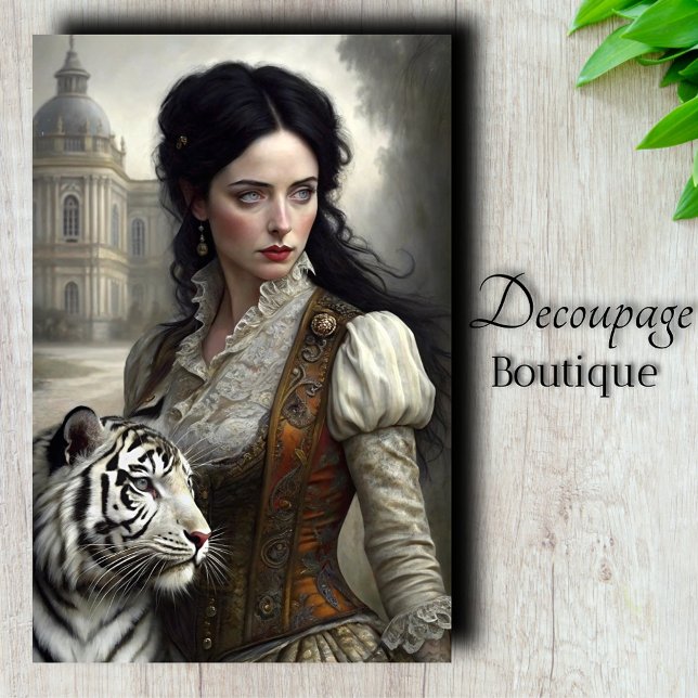 Papier Mousseline Découpage gothique dame blanche tigre (Gothic Lady White Tiger Decoupage Tissue Paper)