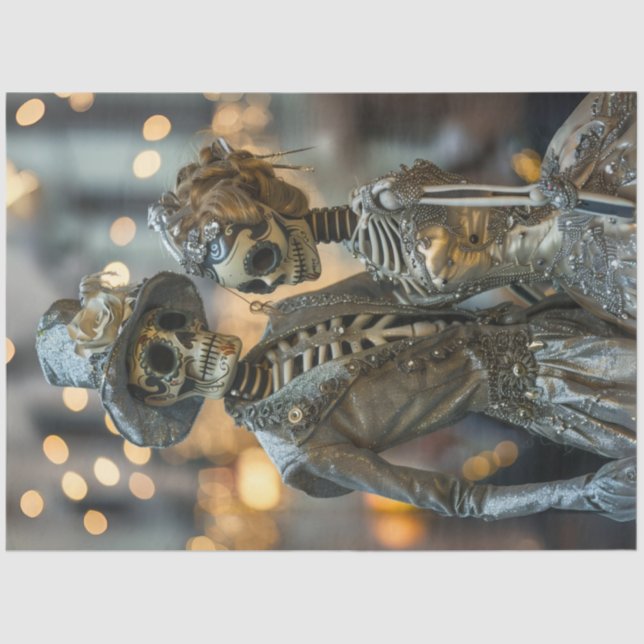 Papier Mousseline Découpage Gothique Élégant Squelette Couple Argent (Recto)