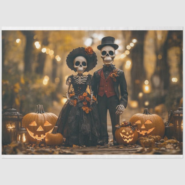 Papier Mousseline Découpage Halloween Skeleton Couple paysage (Recto)