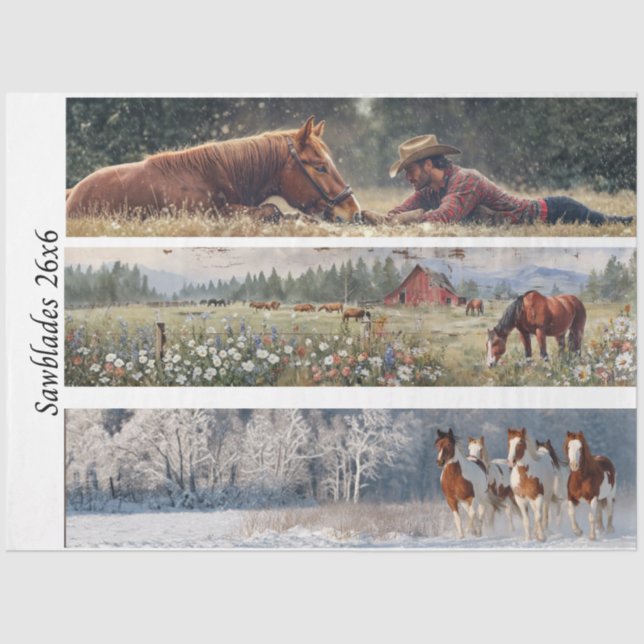 Papier Mousseline Decoupage Handsaw Design Cowboy, Red Barn, Horses (Recto)