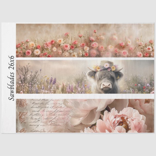 Papier Mousseline Decoupage Handsaw Design Rose, Peony, Cow (Recto)