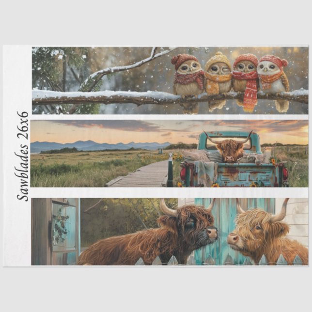 Papier Mousseline Decoupage Handsaw Papers Owl, Highland Cow, Farm  (Recto)