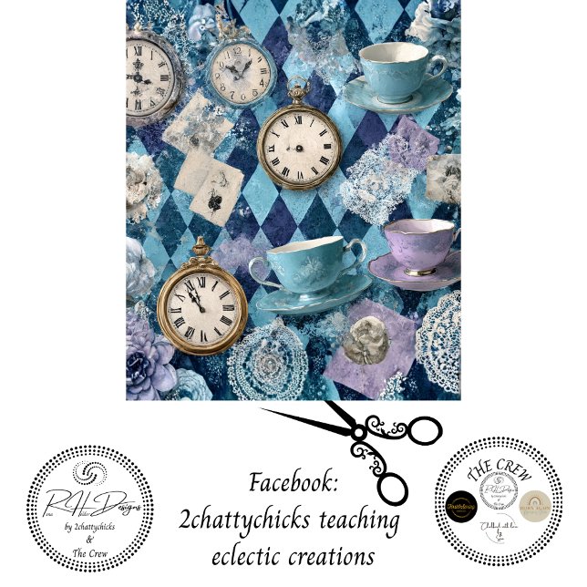 Papier Mousseline Decoupage Harlequin Tea Time Clocks Teacups  (Créateur téléchargé)