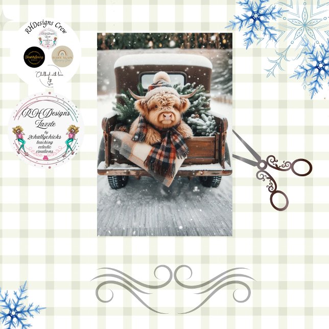 Papier Mousseline Decoupage Highland Cow Plaid Pinecones Winter  (Créateur téléchargé)