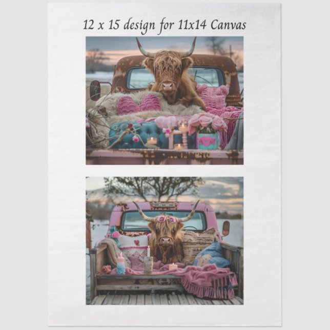 Papier Mousseline Decoupage Highland Cow Valentine Truck 11x14 Canva (Recto)