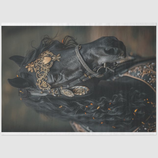 Papier Mousseline Decoupage Horse Black Nobility Golden Adornments (Recto)