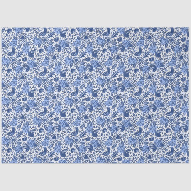 Papier Mousseline Découpage illustrée d'oiseaux et de coeurs bleus (Recto)