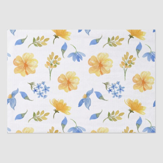 Papier Mousseline Decoupage italien carreaux bleus fleurs jaunes (Recto)