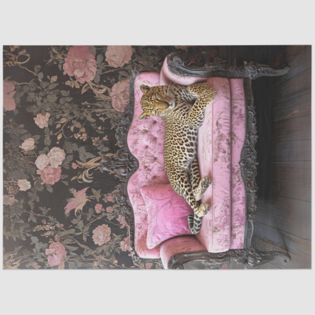 Papier Mousseline Decoupage Leopard On Pink Velvet French Couch  (Recto)