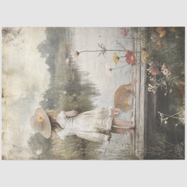 Papier Mousseline Découpage Lil Girl Straw Casquette Dock of Lake &  (Recto)