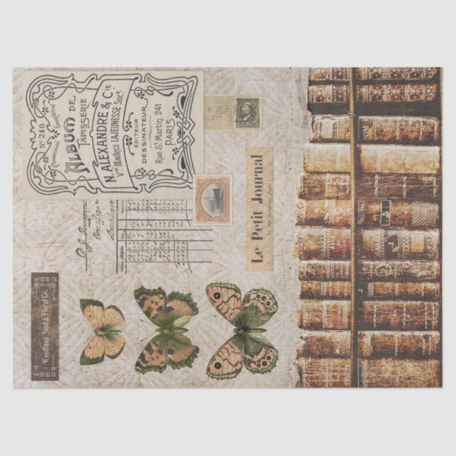 Papier Mousseline Découpage Livre vintage et papillons (Recto)