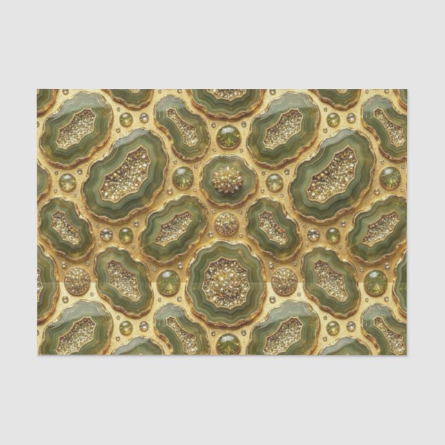 Papier Mousseline Découpage Luxueux | Géode d'agate vert olive + or (Recto)