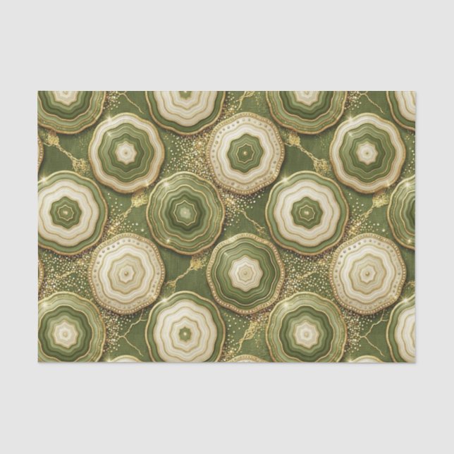 Papier Mousseline Découpage Luxueux | Géode d'agate vert olive + or (Recto)