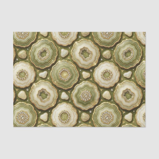 Papier Mousseline Découpage Luxueux | Géode d'agate vert olive + or (Recto)