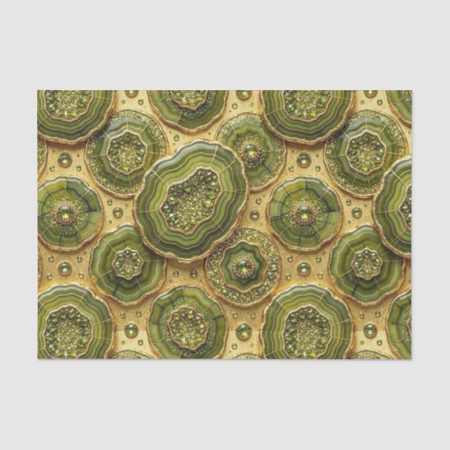 Papier Mousseline Découpage Luxueux | Géode d'agate vert olive + or (Recto)