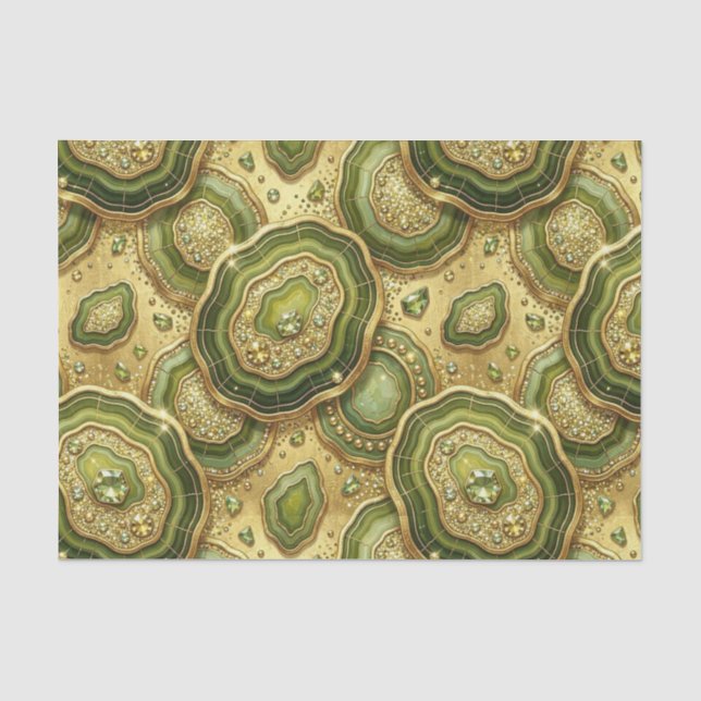 Papier Mousseline Découpage Luxueux | Géode d'agate vert olive + or (Recto)