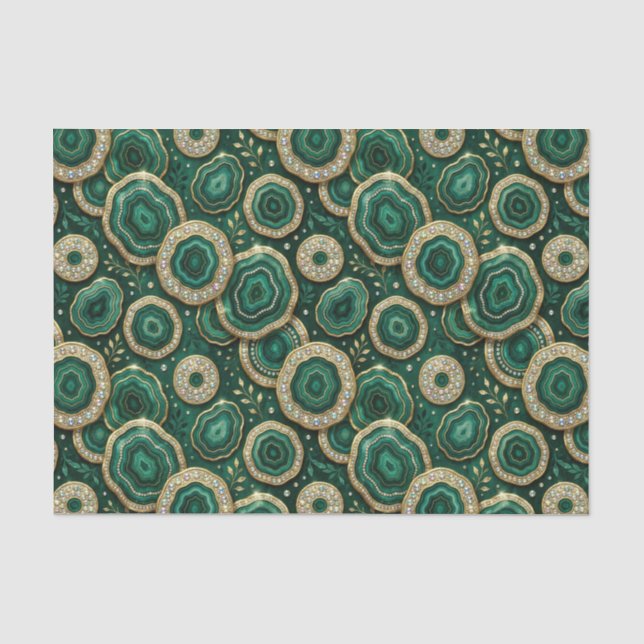 Papier Mousseline Découpage Luxueux | Géode d'agate verte forêt + or (Recto)