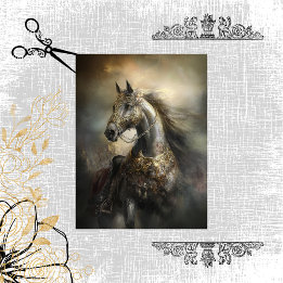 Papier Mousseline Découpage Majestic Black Horse Golden Armure Crest