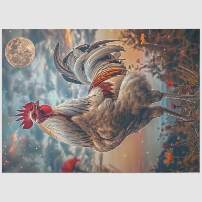 Papier Mousseline Découpage Majestic Rooster Vibrant Night Sky Moon (Recto)