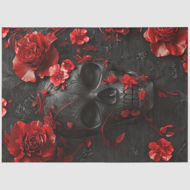 Papier Mousseline Découpage Marbre noir gothique Squelette Roses rou (Recto)