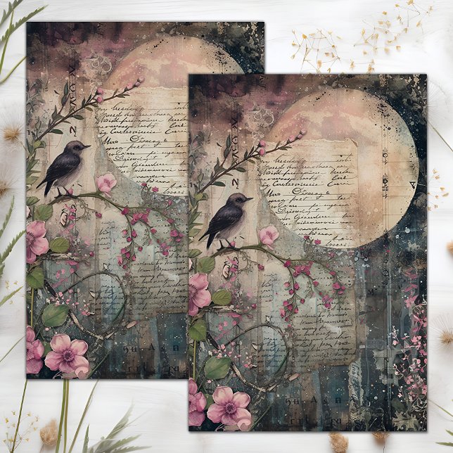 Papier Mousseline DÉCOUPAGE MÉDIA Pleine lune ET OISEAU (FULL MOON AND BIRD MIXED MEDIA DECOUPAGE TISSUE PAPER)