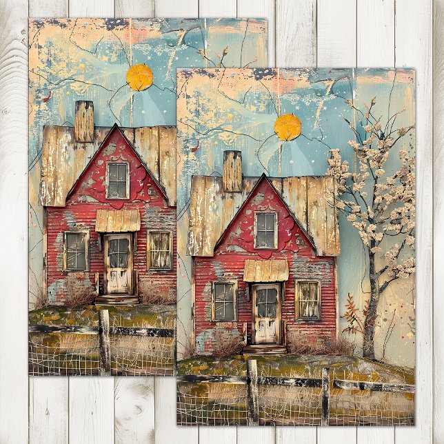 Papier Mousseline DECOUPAGE MIXTE Ferme Rouge Délabré (SHABBY RED FARMHOUSE MIXED MEDIA DECOUPAGE TISSUE PAPER)
