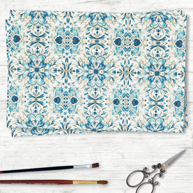 Papier Mousseline Découpage Motif Eclectique Bleu et Carrelage Vert (Créateur téléchargé)