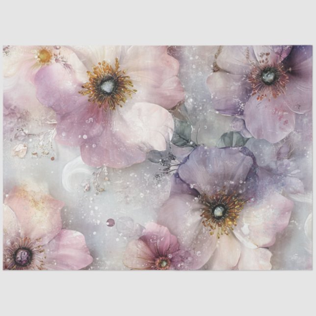 Papier Mousseline Découpage Motif Floral complexe rose violet (Recto)