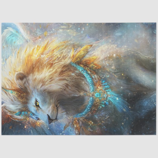 Papier Mousseline Découpage Mythique Lion Turquoise & Or Ornate (Recto)